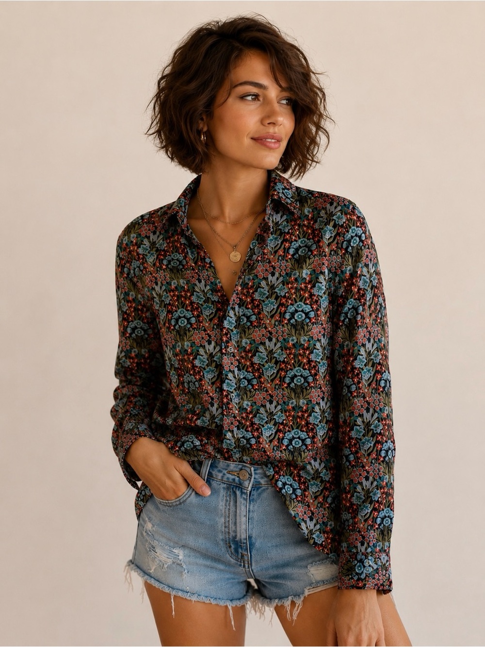 J. Crew Floral Button-Down Shirt in Black, Blue & Brown